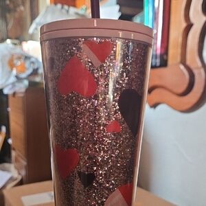 Glitter Heart Tumbler with Straw - Pink & Red Hearts Star Bucks